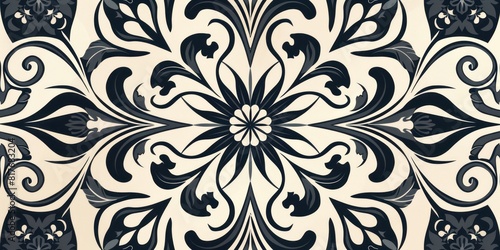Intricate black and white tile with a detailed ornate pattern