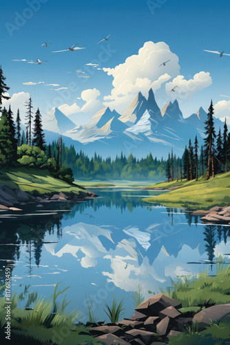 beautiful landscape of lake and mountain view cartoon illustration  anime style background