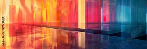 Multicolored lines intersect and overlap in a room creating an abstract display of vibrant hues
