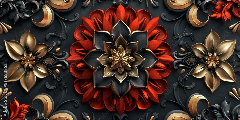Black background adorned with red and gold flowers Black background adorned with red and gold flowers