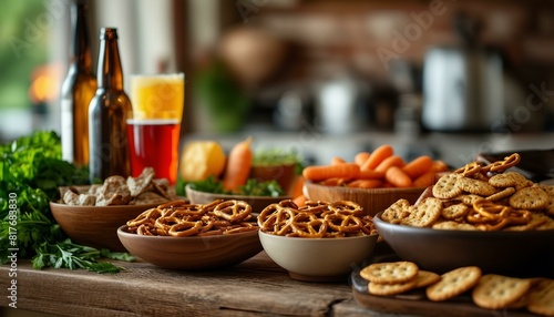 A wooden table filled with various snacks like pretzels and crackers  vegetables such as carrots  and drinks in bottles arranged around the table for a casual gathering or meal.