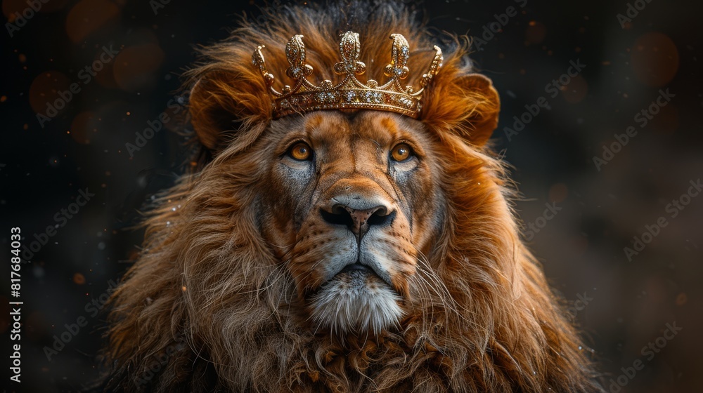 Fototapeta premium Majestic lion with an elegant crown embodies regal splendor in a magical forest setting