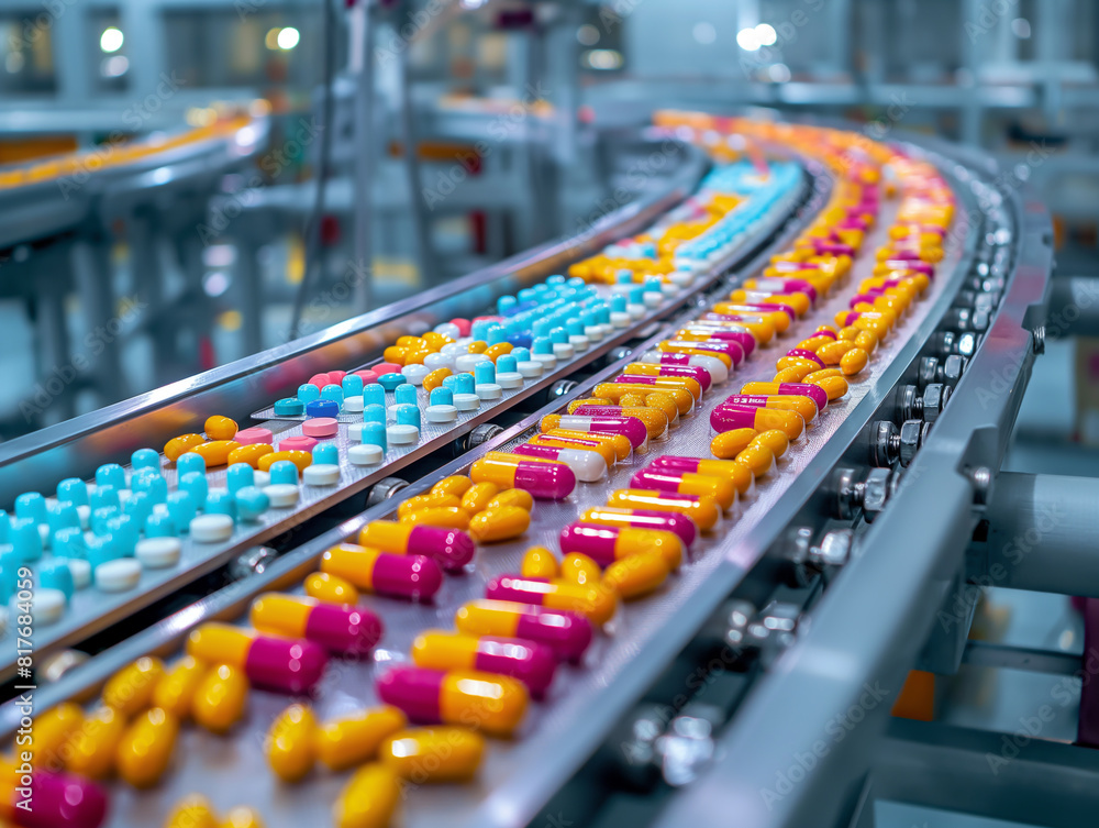 Image of an industrial production line for pharmaceutical production and drug packaging Image of an industrial production line for pharmaceutical production and drug packaging
