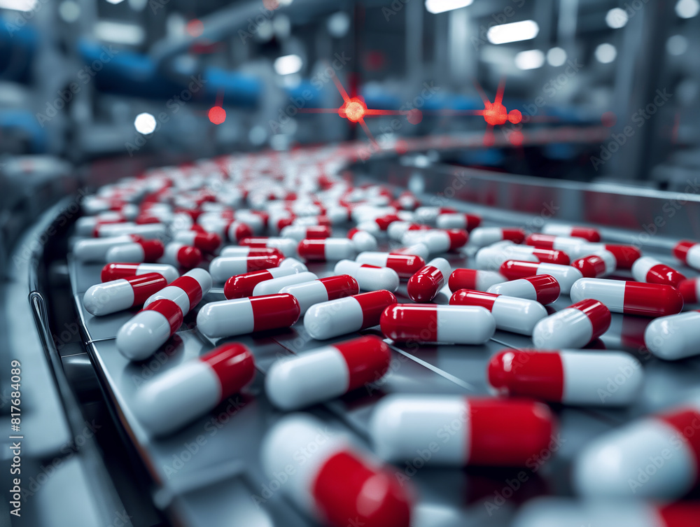 Fototapeta premium Image of an industrial production line for pharmaceutical production and drug packaging