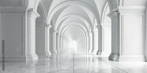 A white hallway featuring graceful arches and polished marble floors