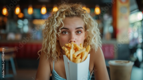 AI generated illustration of a beautiful blonde woman enjoying fries from a white paper tray