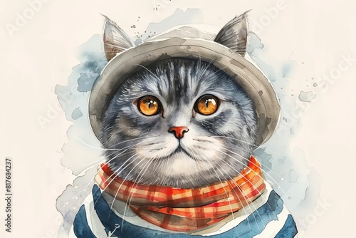 British Shorthair cat with cheerful expression, sporting nautical striped tops, sailor hats, anchor motifs, watercolor, white background