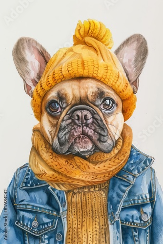 French Bulldog with delighted expression, in casual cool denim jackets, graphic tees, beanies, watercolor, white background
