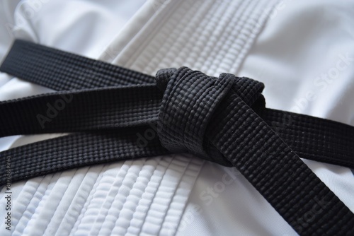 Black belt on white gi for judo or martial arts photo