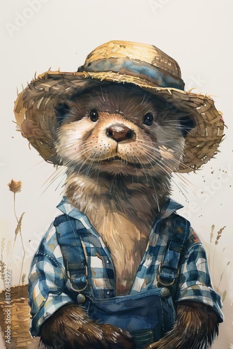Otter with exuberant expression, wearing farmhouse gingham prints, overalls, straw hats, watercolor, white background
