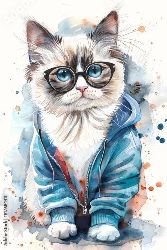 Ragdoll cat with blissful expression, in athleisure leggings, hoodies, sneakers, watercolor, white background