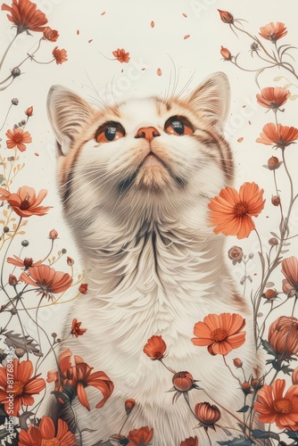 Scottish Fold cat with joyful expression, surrounded by vintage chic floral prints, lace details, pastel colors, watercolor, white background