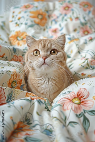 Scottish Fold cat with joyful expression, surrounded by vintage chic floral prints, lace details, pastel colors, watercolor, white background