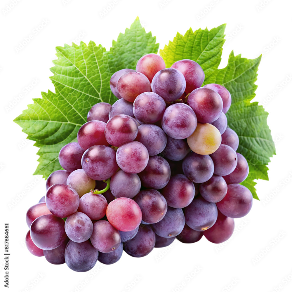 Fototapeta premium A bunch of grapes with leaves isolated on transparent background