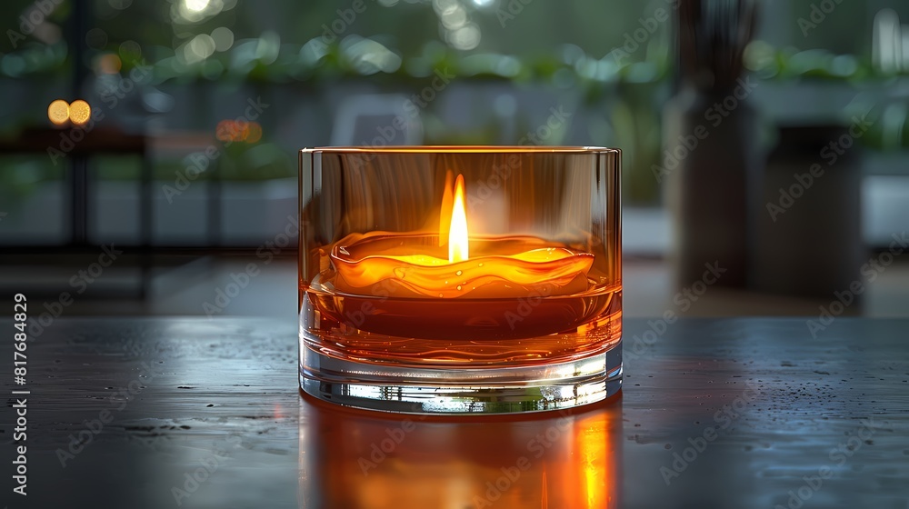 The mesmerizing play of light and shadow as a lone candle burns within its glass casing, creating an atmosphere of calm and serenity The mesmerizing play of light and shadow as a lone candle burns within its glass casing, creating an atmosphere of calm and serenity