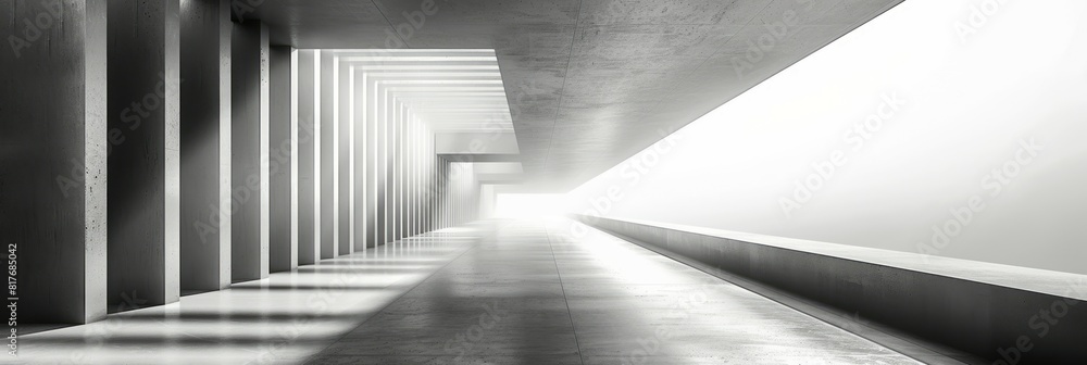 A black and white hallway lined with columns