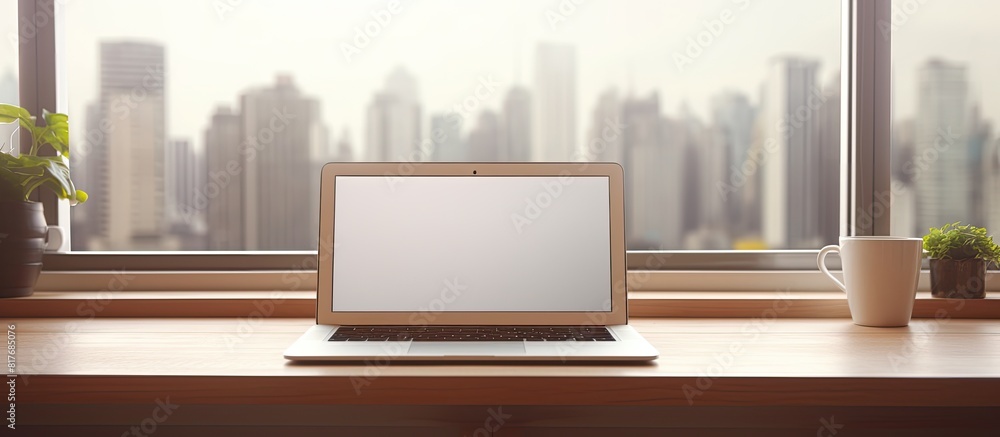 In the office there is a laptop placed on a table with a blank screen providing empty space for an image. Creative banner. Copyspace image In the office there is a laptop placed on a table with a blank screen providing empty space for an image. Creative banner. Copyspace image