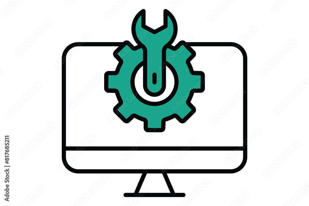computer setting icon. computer with gear and wrench. icon related to information technology. flat line icon style. technology element vector illustration computer setting icon. computer with gear and wrench. icon related to information technology. flat line icon style. technology element vector illustration