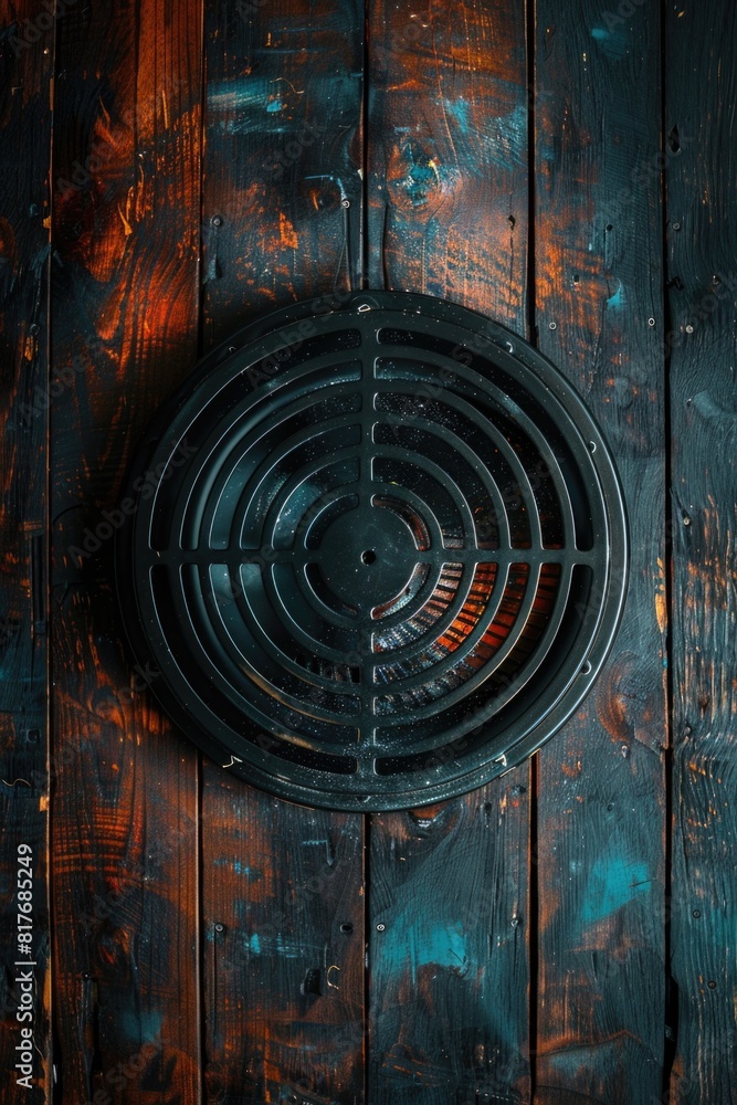A sleek black fan resting on a wooden table, perfect for home decor projects A sleek black fan resting on a wooden table, perfect for home decor projects