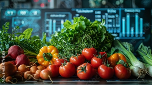 Fresh vegetables arrayed in front of a futuristic nutritional data display, perfect for visualizing smart farming and sustainable agriculture technologies