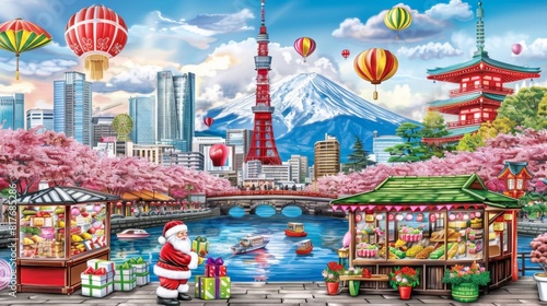 japanese city with santa claus and hot air balloons © jovannig