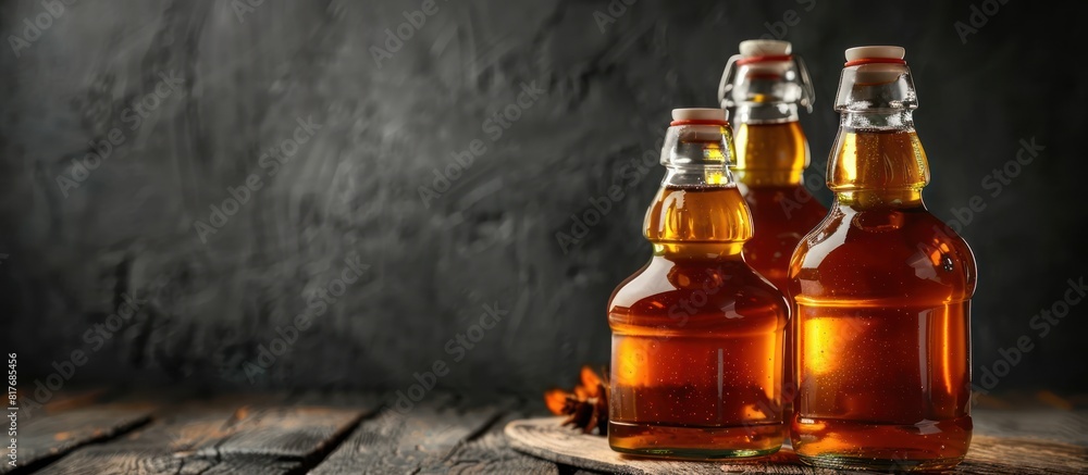 Photo Bottles and jars of delicious maple syrup on dark background top view Photo Bottles and jars of delicious maple syrup on dark background top view