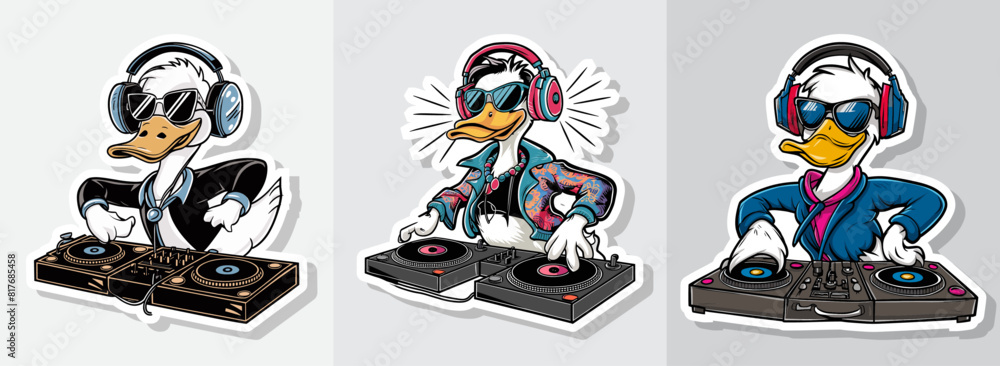 Fototapeta premium Duck DJ with headphones, sunglasses, and turntables, ready to party. Generative AI