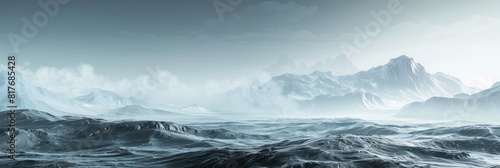Icy ocean with towering mountains in the distance under overcast skies
