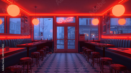 A retro diner with neon red lighting, empty seats, and a misty street view through the windows.