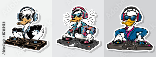 Duck DJ with headphones, sunglasses, and turntables, ready to party. Generative AI