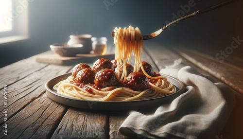 Spaghetti twirled on a fork over a plate of glossy meatballs, set on a rustic table.
