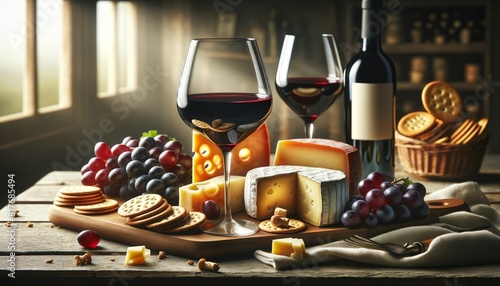 Elegant cheese platter with various cheeses, grapes, crackers, and red wine on a rustic table.
