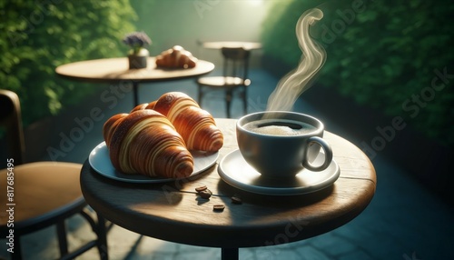 Steaming coffee and freshly baked croissants on an outdoor café table in morning light.
