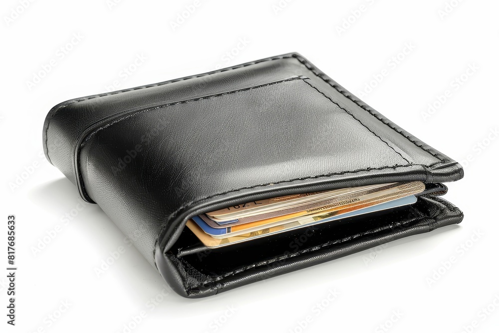 Black leather wallet with credit cards and money inside isolated on white background Clipping path Black leather wallet with credit cards and money inside isolated on white background Clipping path