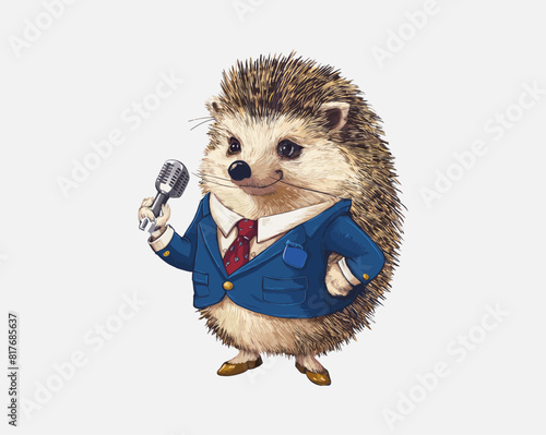 Hedgehog dressed as a news reporter with a microphone vector, Generative AI