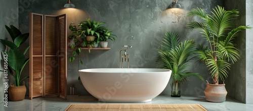 Bathroom interior concept with bathtub, ornamental plants