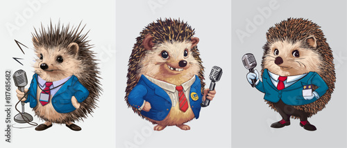 Hedgehog dressed as a news reporter with a microphone vector, Generative AI