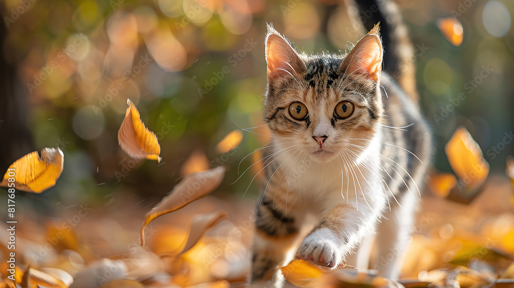 A photo of a mischievous calico cat, with scattered autumn leaves as the background, A photo of a mischievous calico cat, with scattered autumn leaves as the background,