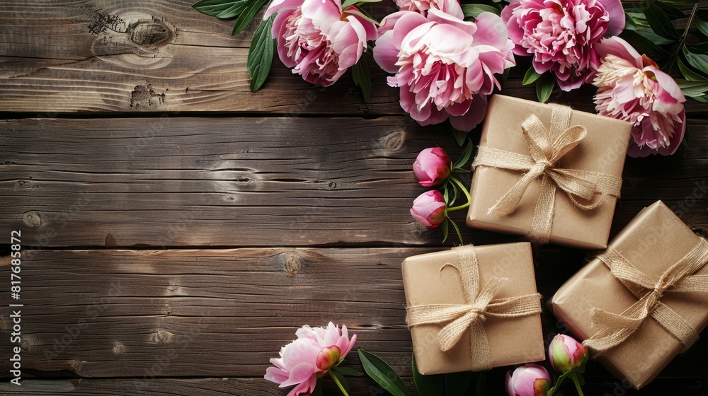 Exquisitely Wrapped Gifts And Fresh Peonies On A Wooden Background. Exquisitely Wrapped Gifts And Fresh Peonies On A Wooden Background.