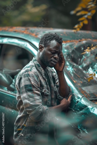 A man standing next to a broken car talking on a cell phone. Suitable for automotive or emergency service concepts © Fotograf