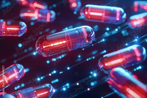 Floating pills in a dynamic digital environment, symbolizing the intersection of biotech and cybernetic enhancements © ParinApril
