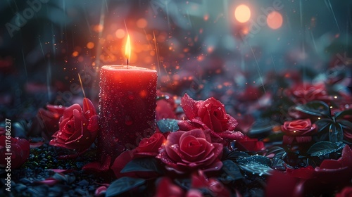 The quiet beauty of a red candle's flame dancing gently in the darkness, a beacon of light and hope