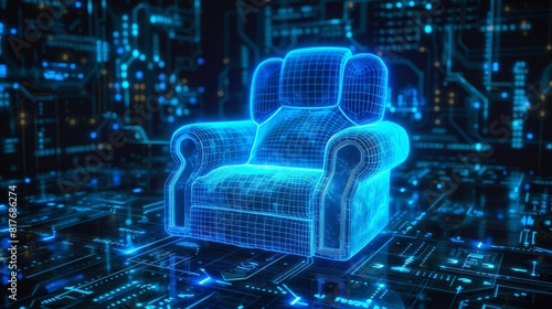3D holographic projection of a comfortable chair, with a futuristic neon blue aura, set against a dark, techinspired backdrop photo