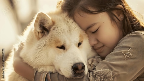 Teenage girl hugs her dog Akita ina - photo