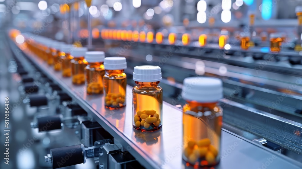 Futuristic medication bottles on a digital assembly line, showcasing the synthesis of nextgeneration pharmaceuticals Futuristic medication bottles on a digital assembly line, showcasing the synthesis of nextgeneration pharmaceuticals