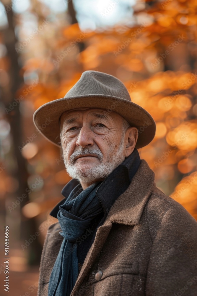A portrait of an older man wearing a hat and scarf, suitable for winter-themed designs A portrait of an older man wearing a hat and scarf, suitable for winter-themed designs