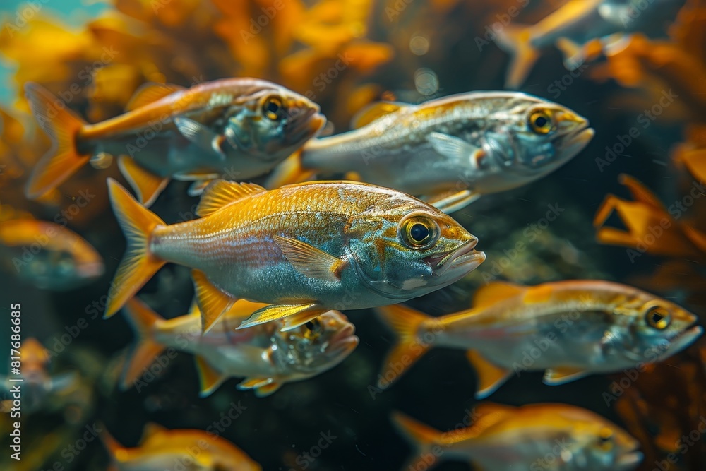 Herring fish in a school, representing vital components of marine ecosystems. Herring fish in a school, representing vital components of marine ecosystems.