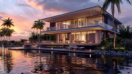 Sunset at Luxury Waterfront Modern Home 