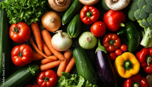 A vibrant mix of fruits and veggies: tomatoes, peppers, onions, broccoli, carrots, mushrooms, squash, zucchini, eggplant, cucumber, bell pepper, asparagus, spinach, and lettuce.