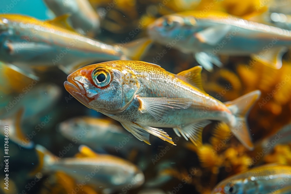 Herring fish in a school, representing vital components of marine ecosystems. Herring fish in a school, representing vital components of marine ecosystems.